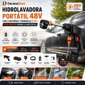 Hidrolavadora Portátil 48V con 2 Baterías y Boquilla 6 en 1 de Alta Presión