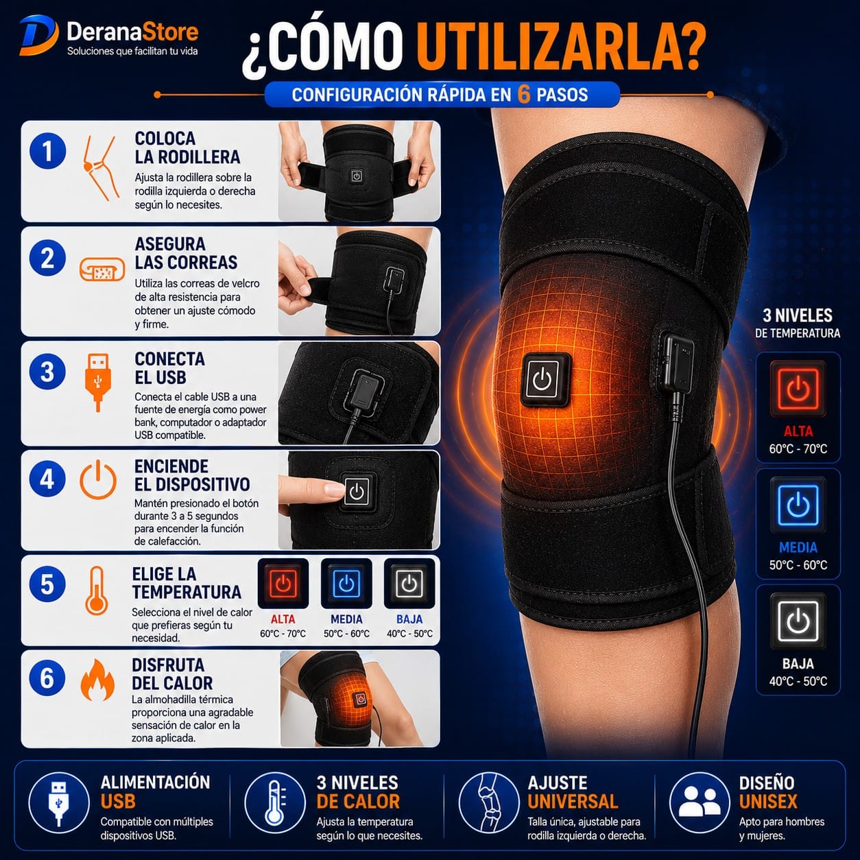 Rodillera Térmica Eléctrica Ajustable USB con 3 Niveles de Calor - Image 3