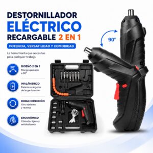 Destornillador Eléctrico Recargable 2 en 1 con Mango Giratorio 90°